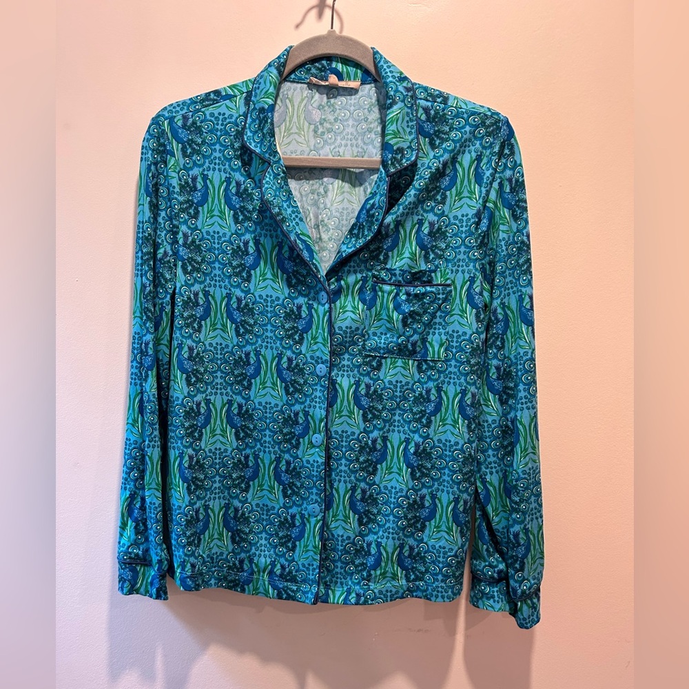 Vibrant Teal and Navy Women's peacock design Pajama Set - Picture 5 of 11